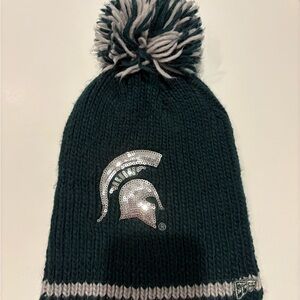 Green and White Michigan State Pom-Pom Beanie